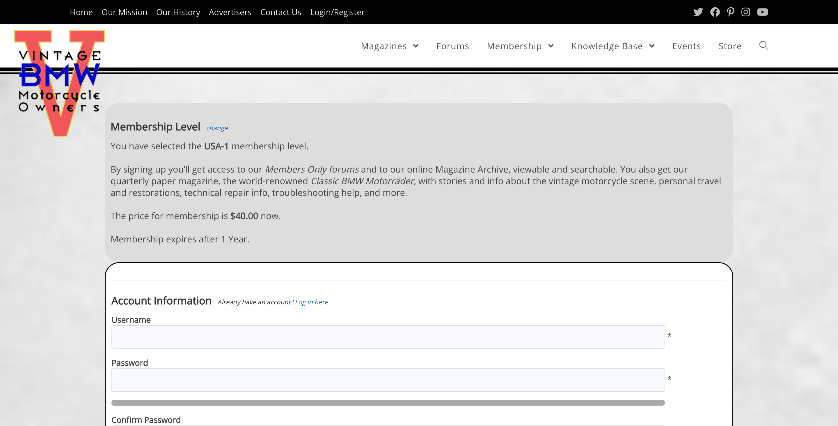 Vintage BMW Motorcycle Owners Membership Checkout