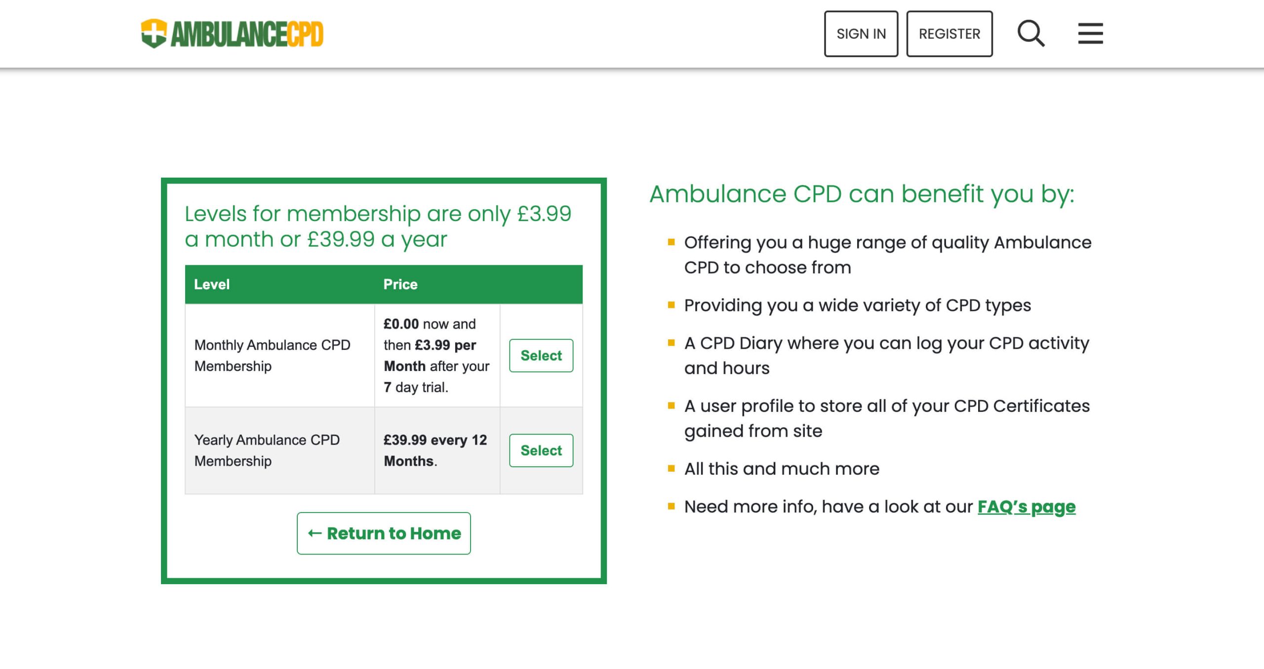 Ambulance CPD Membership Levels and Pricing