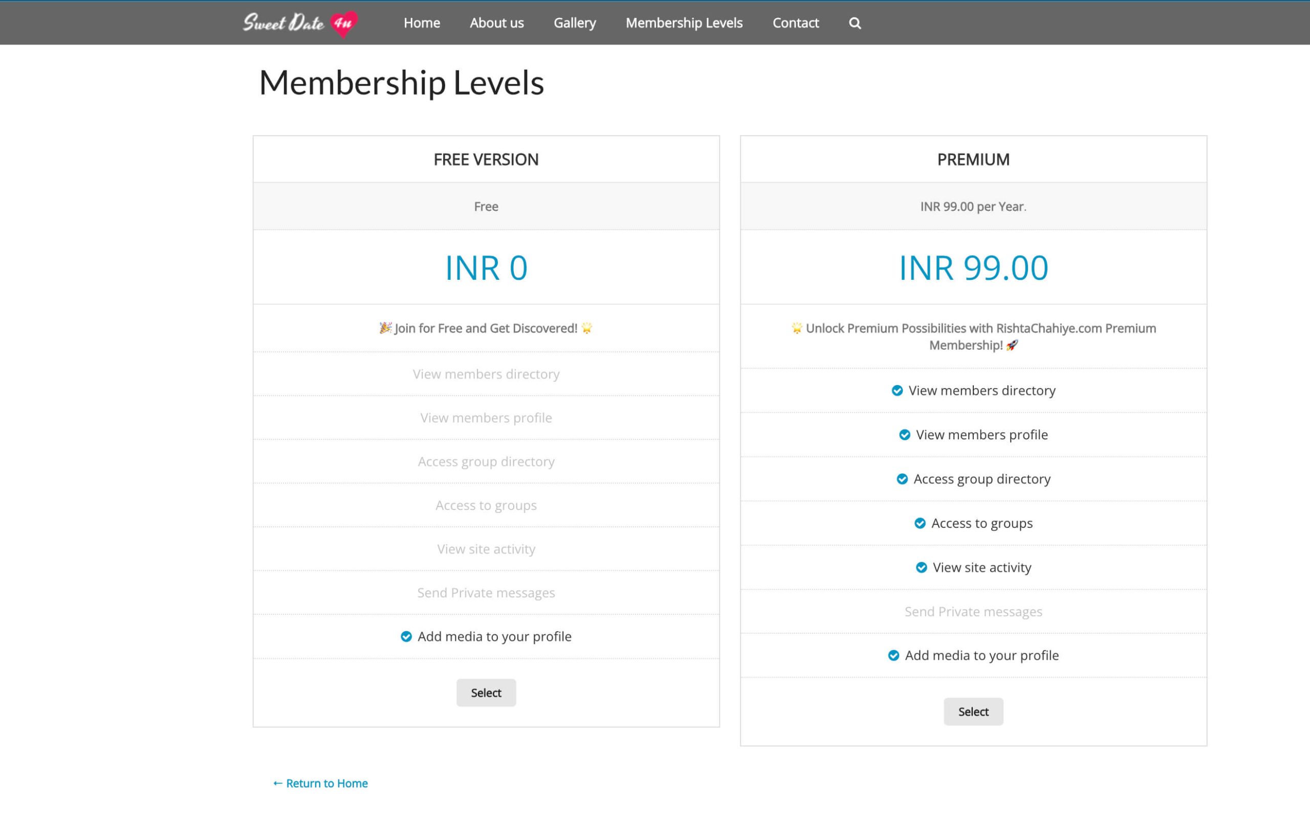 Rishta Chahiye Membership Levels and Pricing