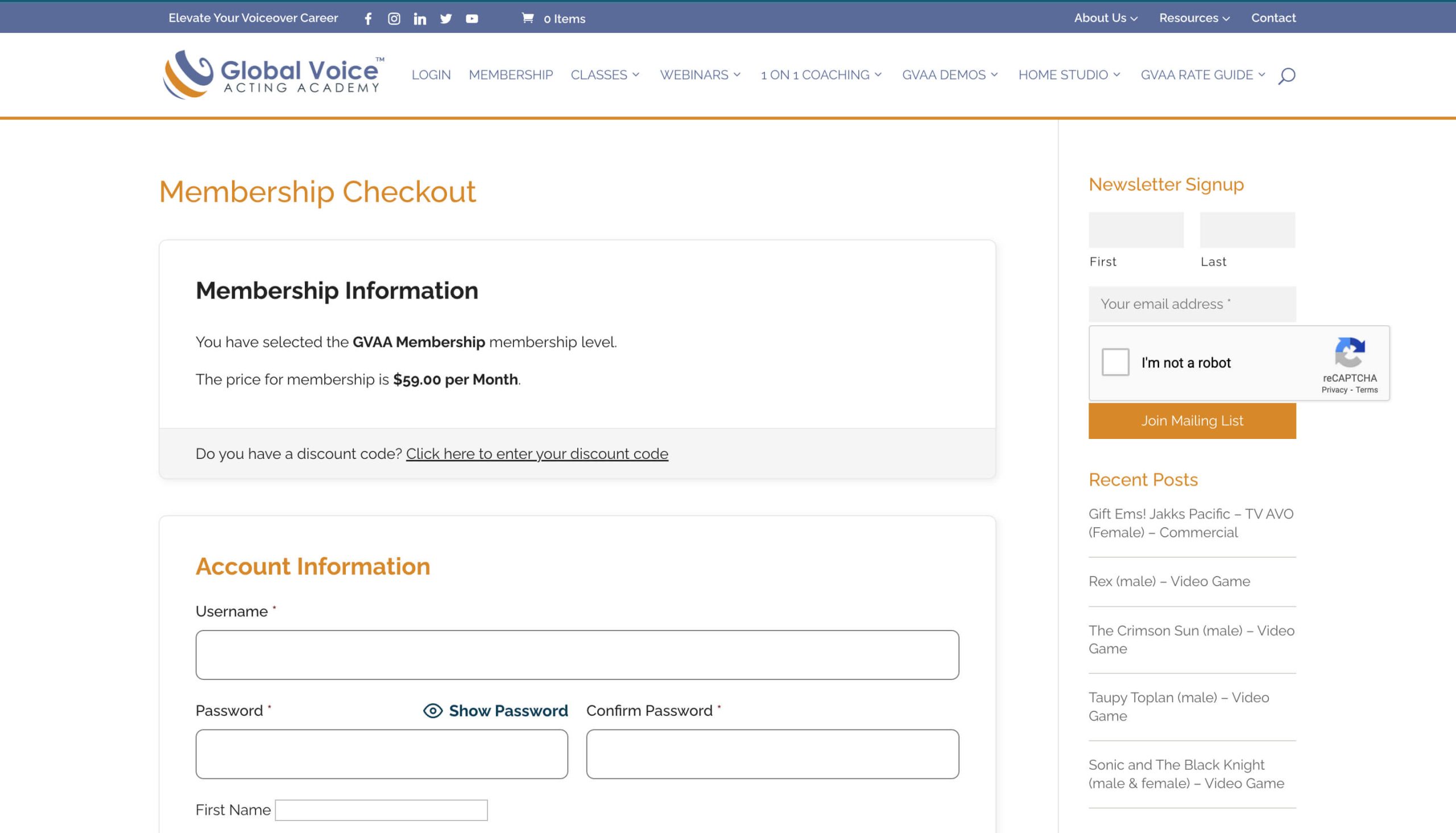 Global Voice Acting Academy Membership Checkout