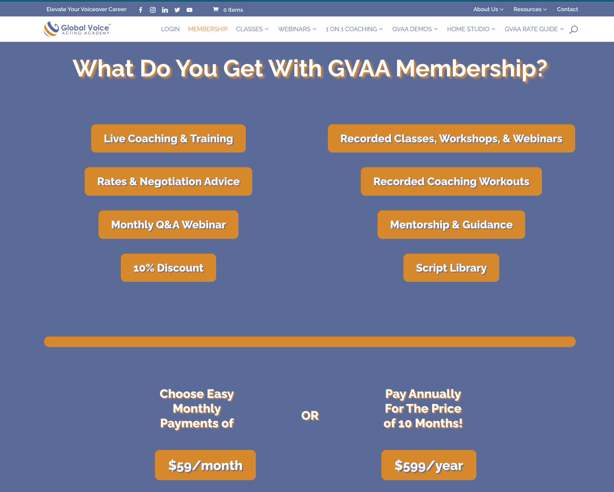 Global Voice Acting Academy Membership Levels and Pricing