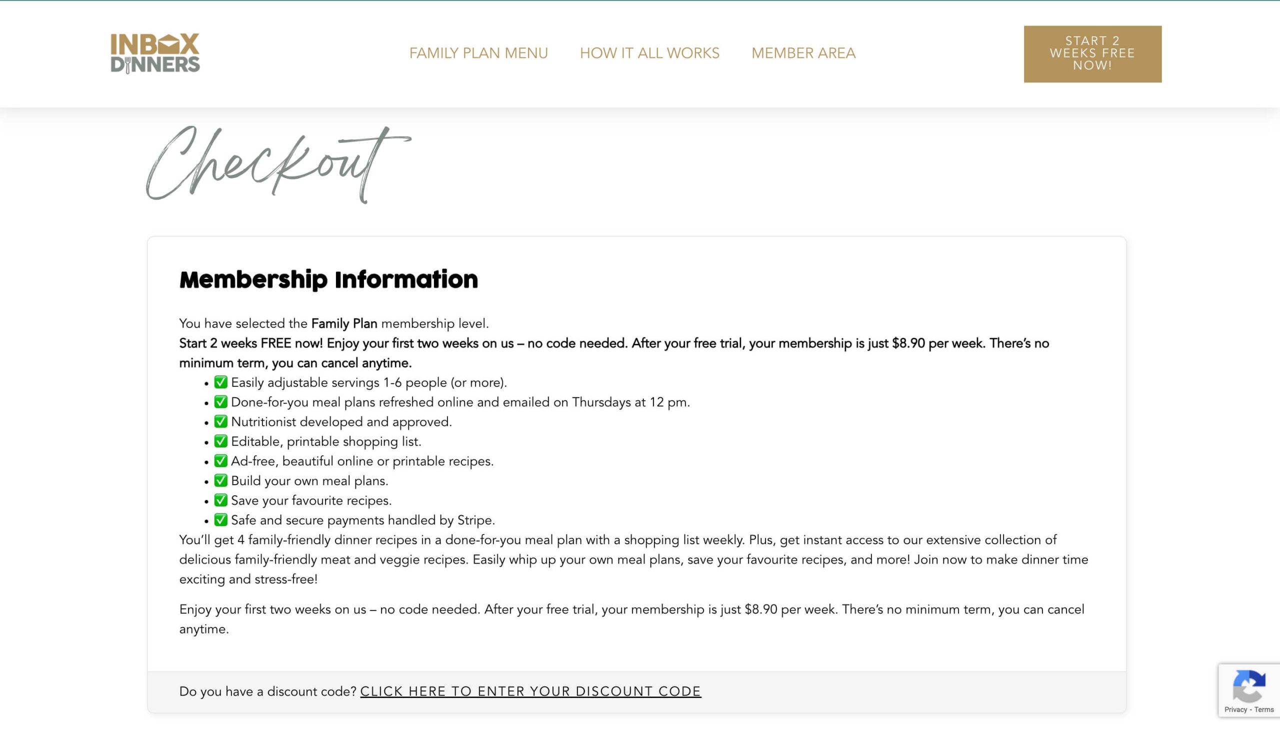 Inbox Dinners Membership Checkout