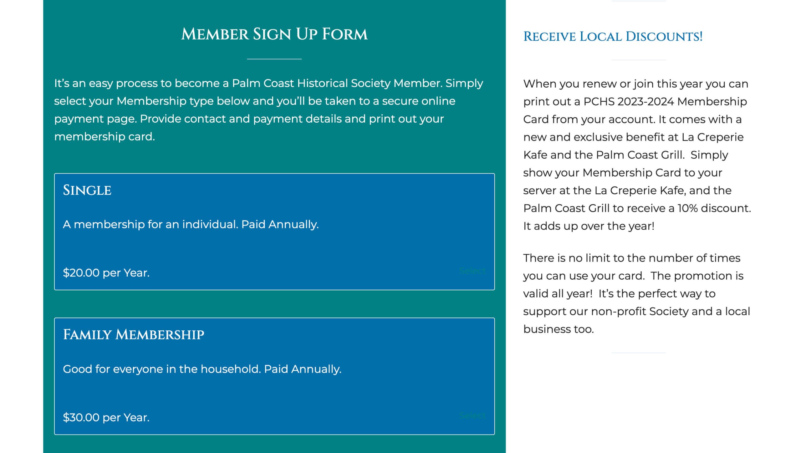 The Palm Coast Historical Society Membership Levels and Pricing