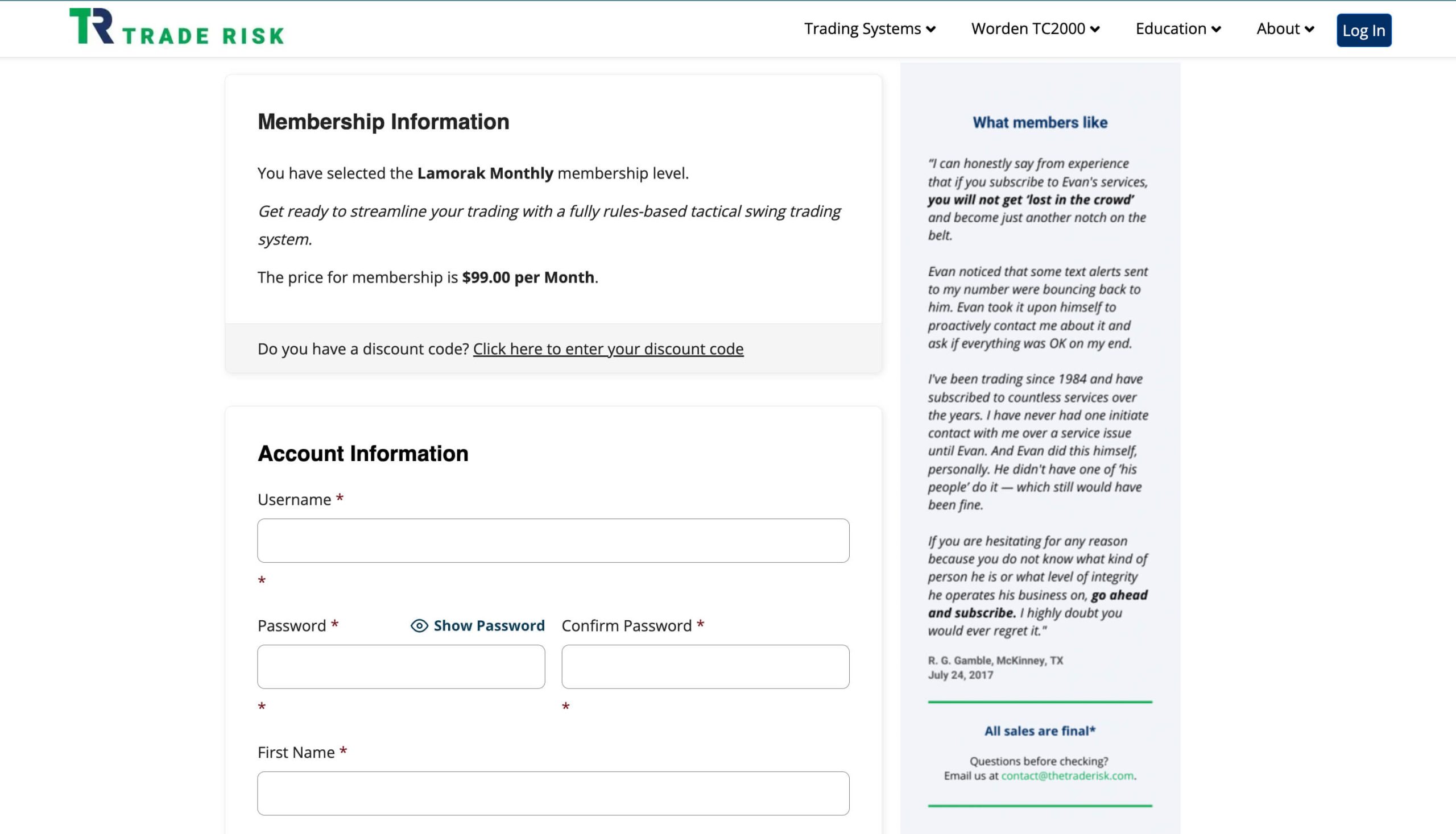 The Trade Risk Membership Checkout