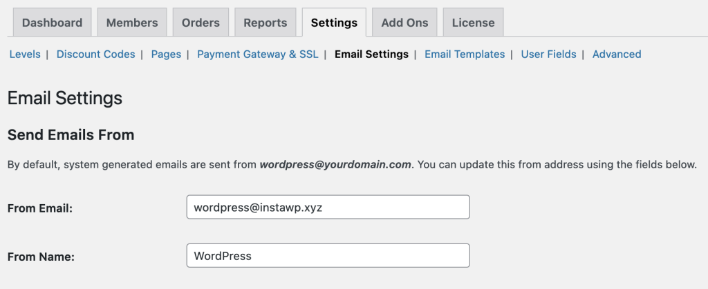 Screenshot of email configuration in the Membership Settings portion of the WP Admin