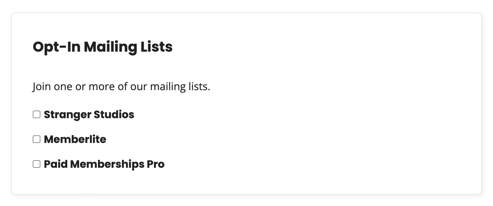 Membership Checkout page with additional opt-in lists for Mailchimp list subscribe