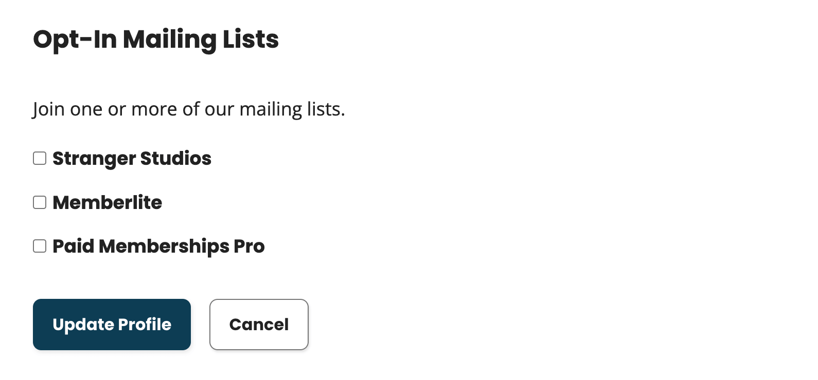 Frontend Edit Member Profile page with additional opt-in lists for Mailchimp list subscribe