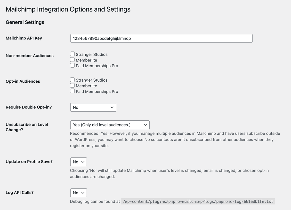 Screenshot of General Settings for the Mailchimp Add On for Paid Memberships Pro