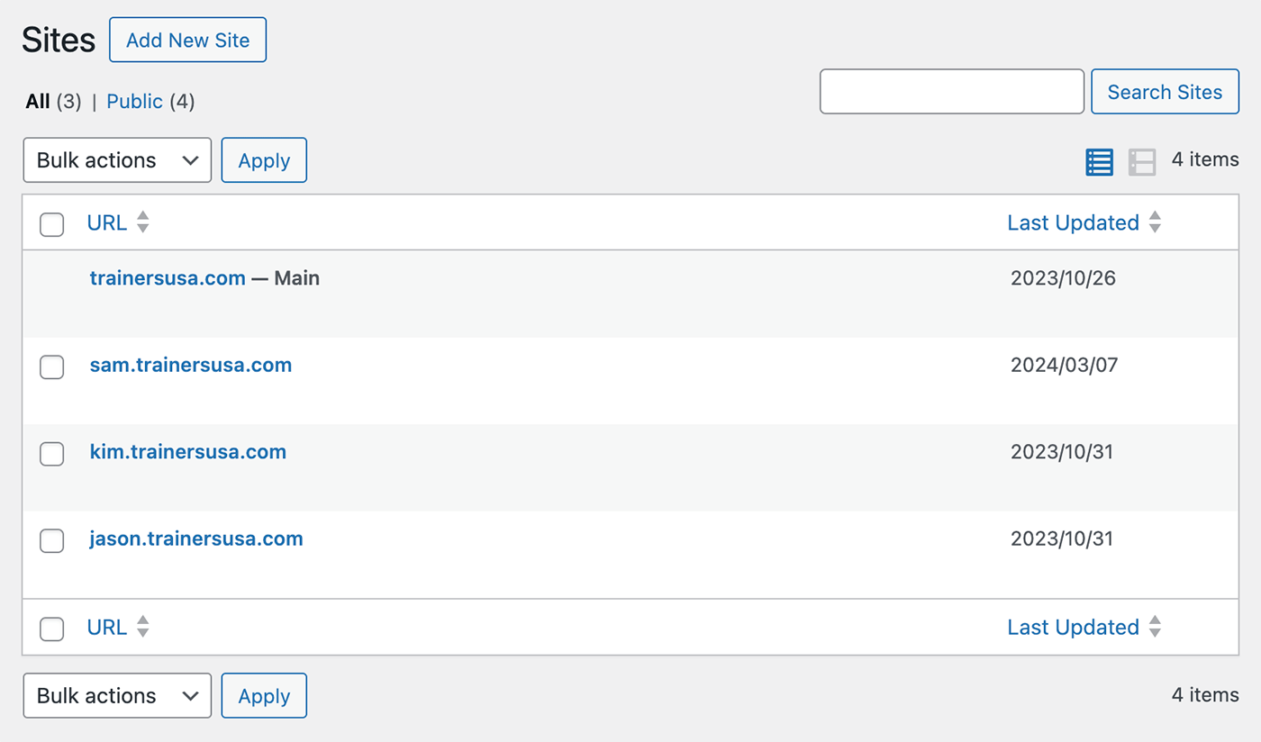 Screenshot of the WordPress Network / Multisite All Sites List with the PMPro Member Network Sites Add On