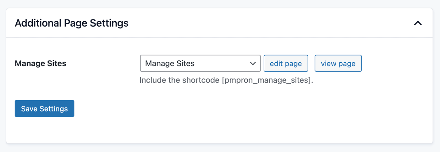 Screenshot of editing page settings to assign the Manage Sites page with the PMPro Member Network Sites Add On