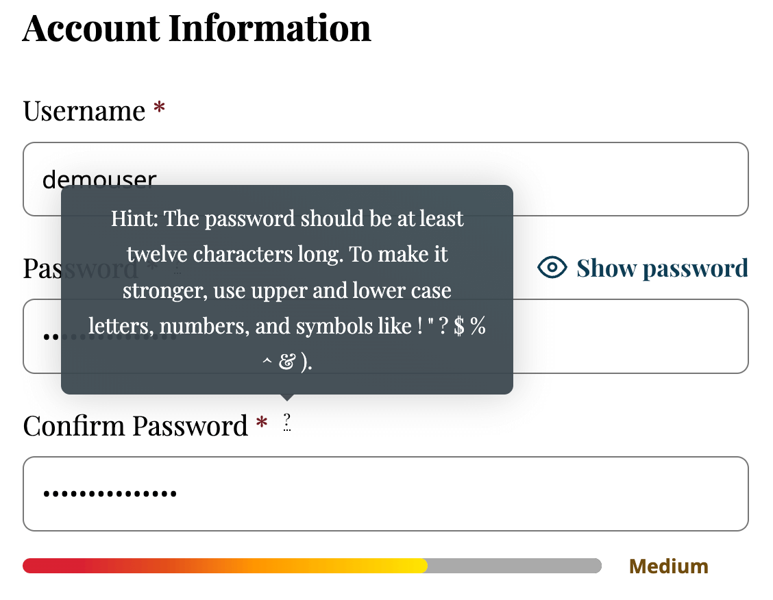 Screenshot of the membership checkout page with the hover tooltip to show the password strength hint using the Strong Passwords Add On for Paid Memberships Pro