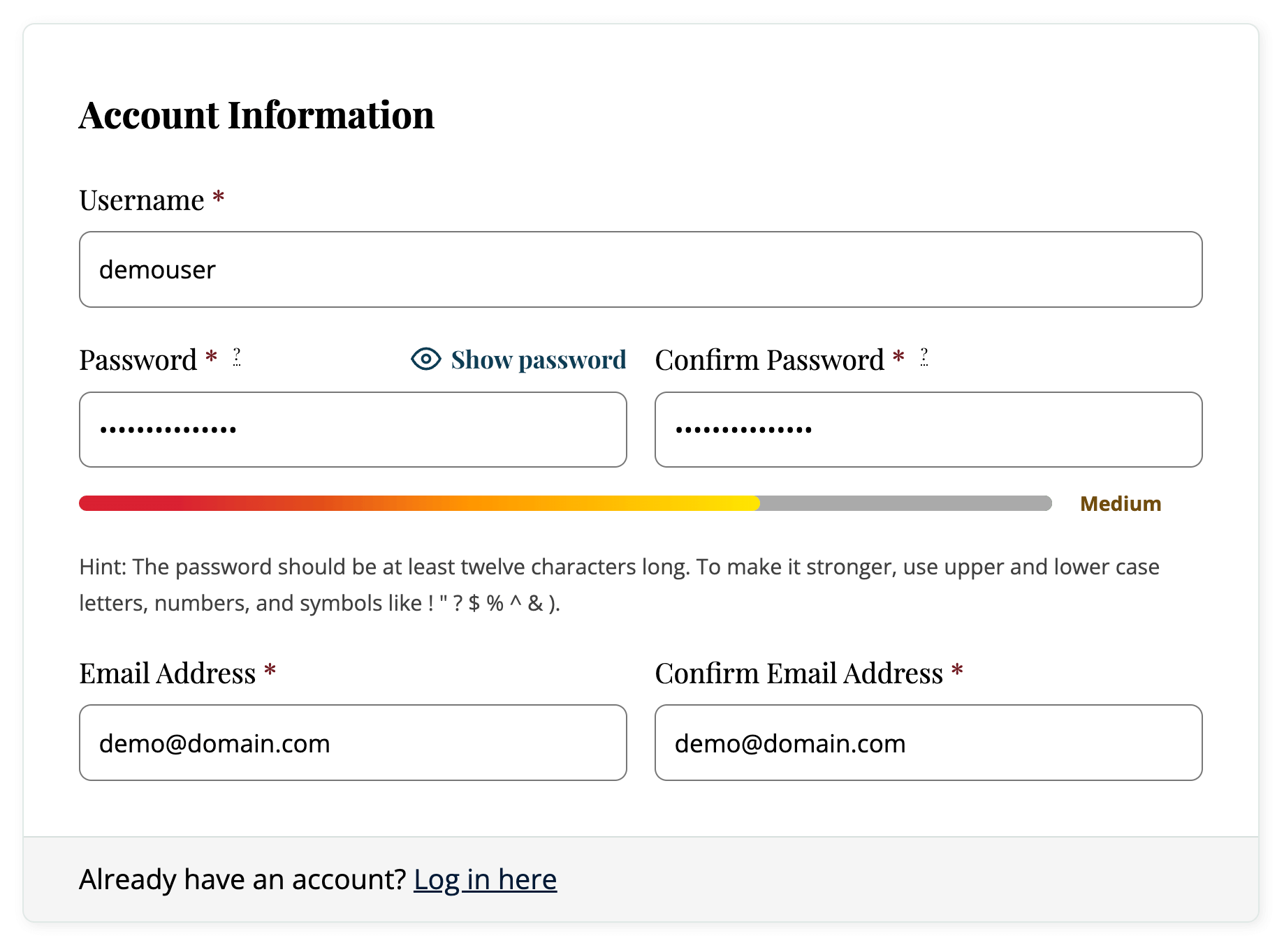 Screenshot of the membership checkout page with a strength meter showing a Medium password using the Strong Passwords Add On for Paid Memberships Pro