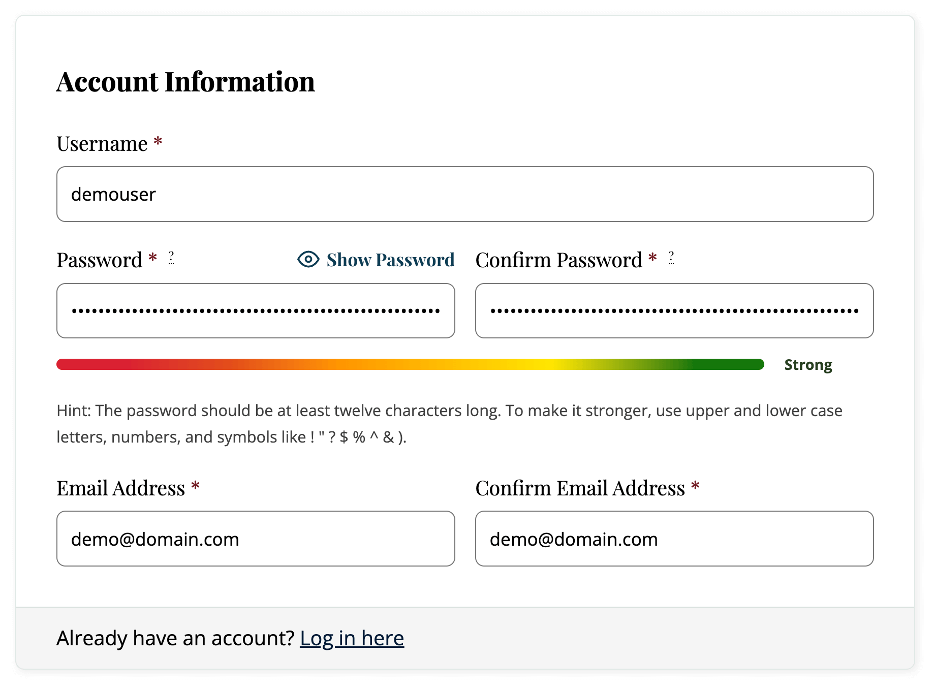 Screenshot of the membership checkout page with a strength meter showing a Strong password using the Strong Passwords Add On for Paid Memberships Pro