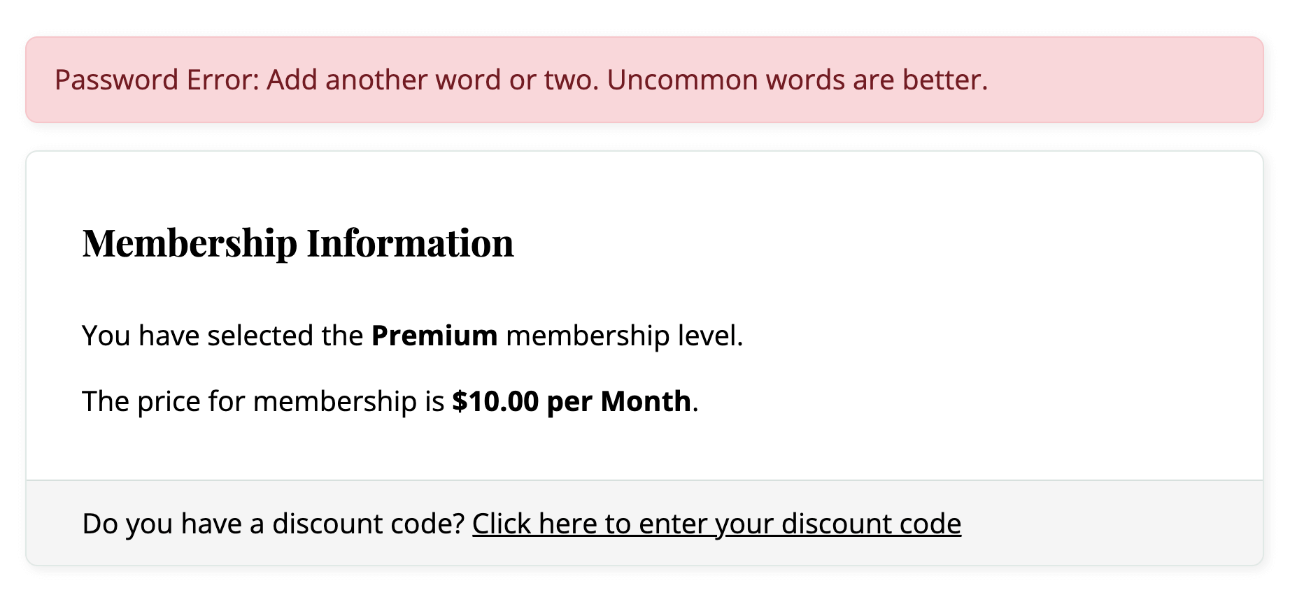 Screenshot of the membership checkout error where the password minimum was not met using the Strong Passwords Add On for Paid Memberships Pro