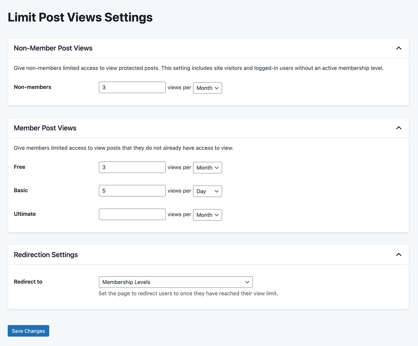 Settings screen for the Limit Post Views Add On for Paid Memberships Pro