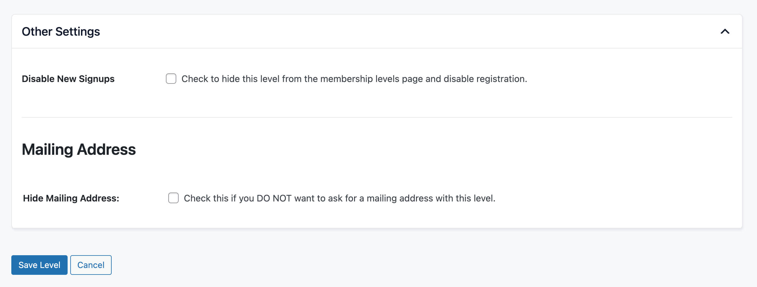 Screenshot of the other level settings with the option to hide mailing fields