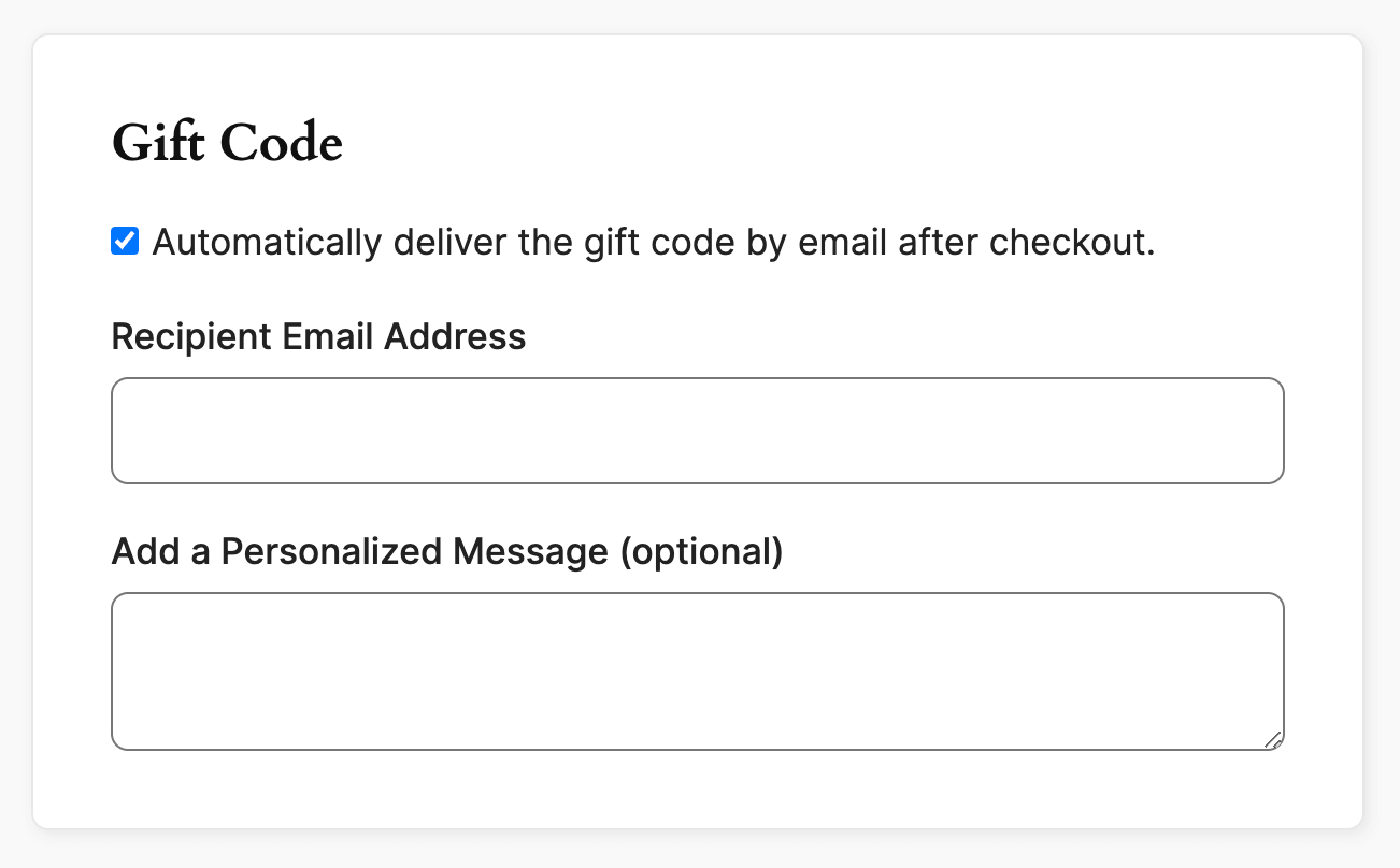 Screenshot of the checkout page where a user can purchase a gift membership, including fields to enter recipient information for code delivery.