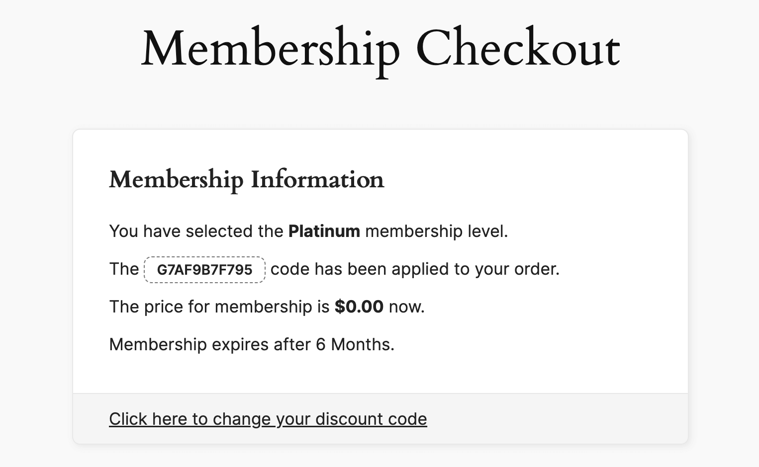 Screenshot of the checkout page where the gift recipient enters their unique gift code to claim the membership.