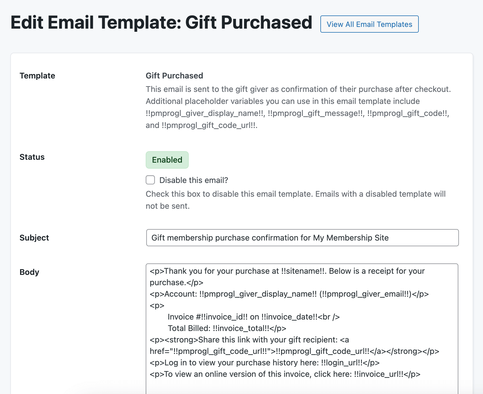 Screenshot of the Gift Purchased email template, sent to confirm a gift membership purchase and include the generated gift code.