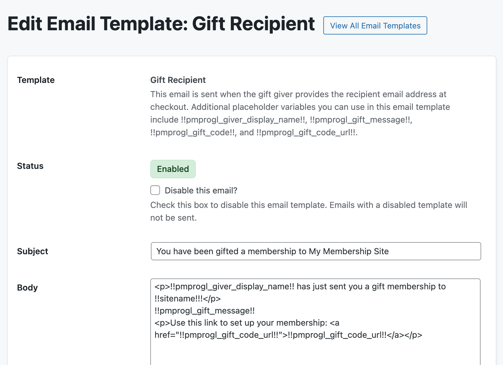 Screenshot of the Gift Recipient email template, sent to notify the gift recipient with a personalized message and a link to claim their membership.