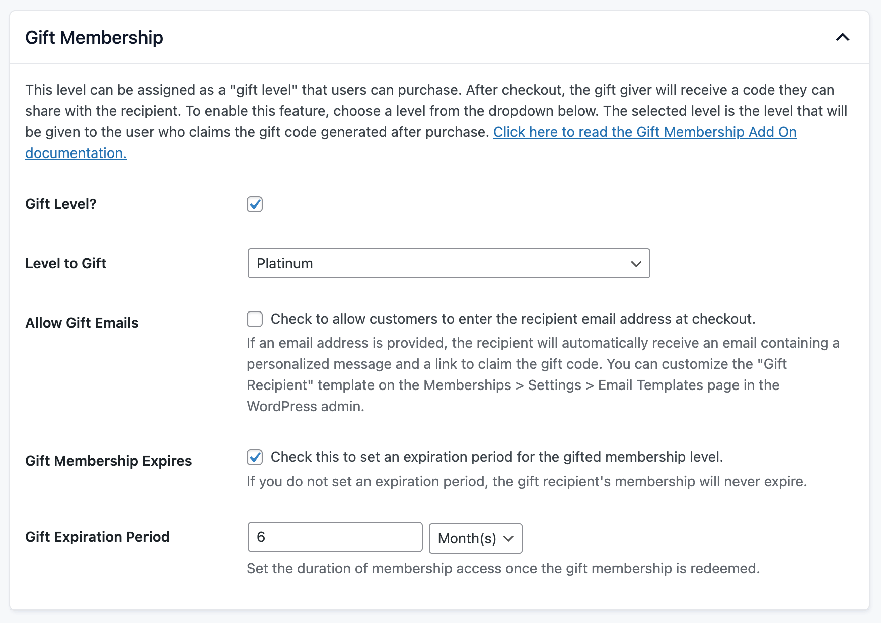 Screenshot of the membership level settings page, showing options to configure a level as a gift membership, set an expiration period, and select the level to gift.