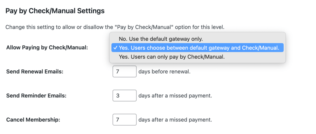 Pay By Check Settings on each Membership Level with the PMPro Pay By Check Add On