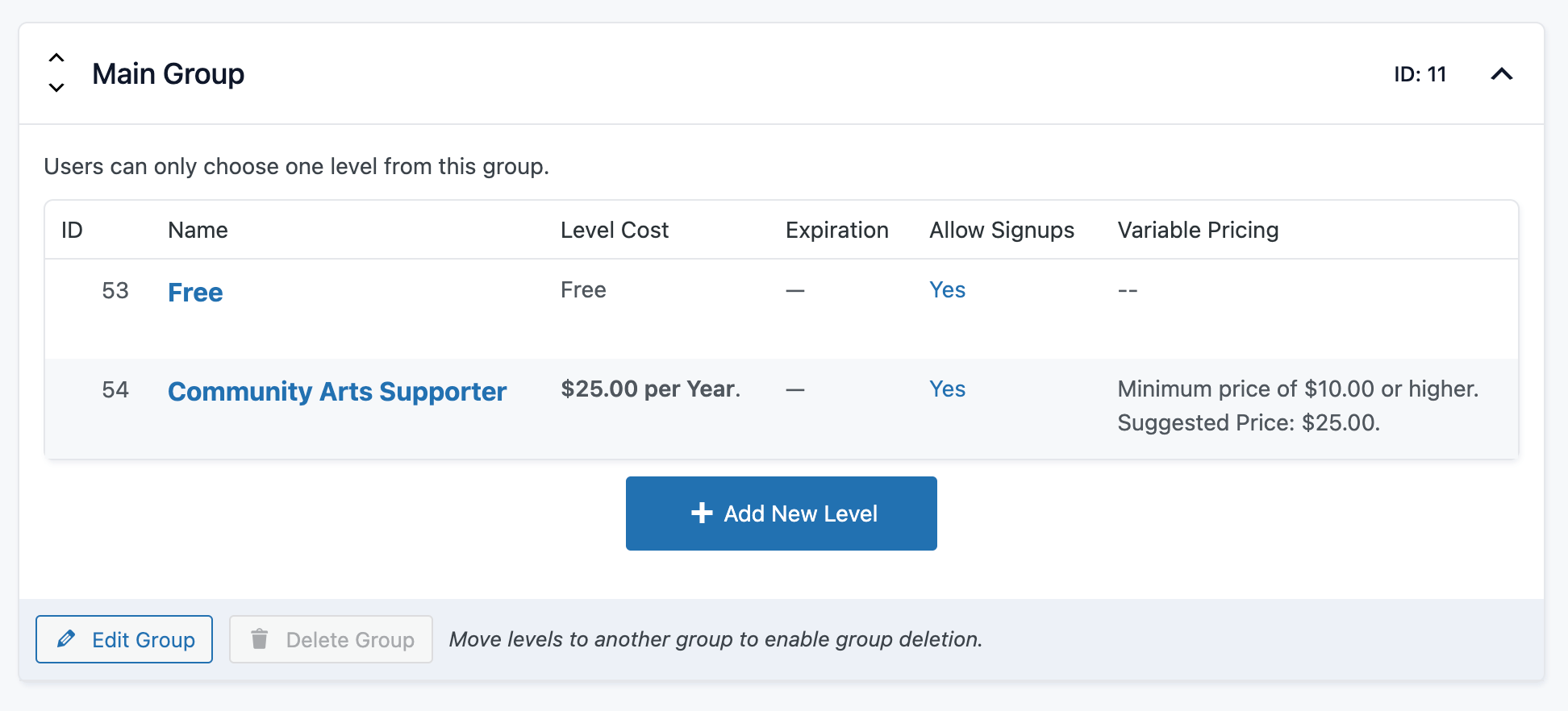 Memberships > Settings > Levels screenshot showing which levels have variable pricing enabled