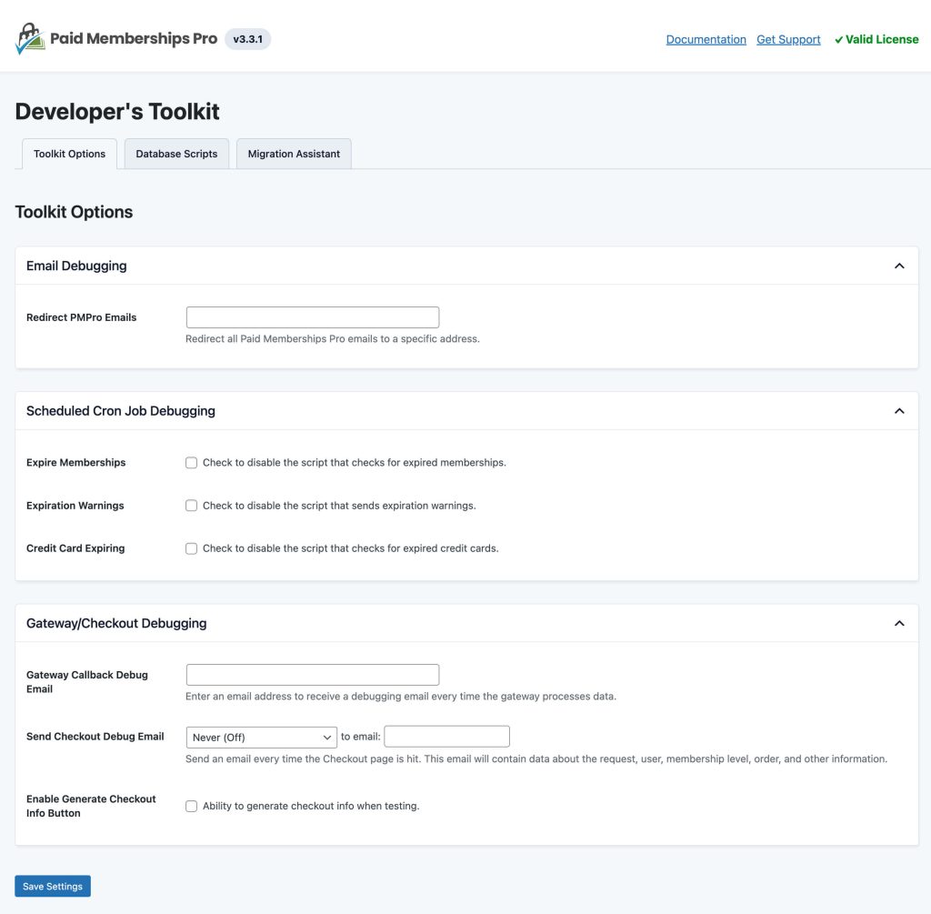 Screenshot of Toolkit Options in Paid Memebrships Pro