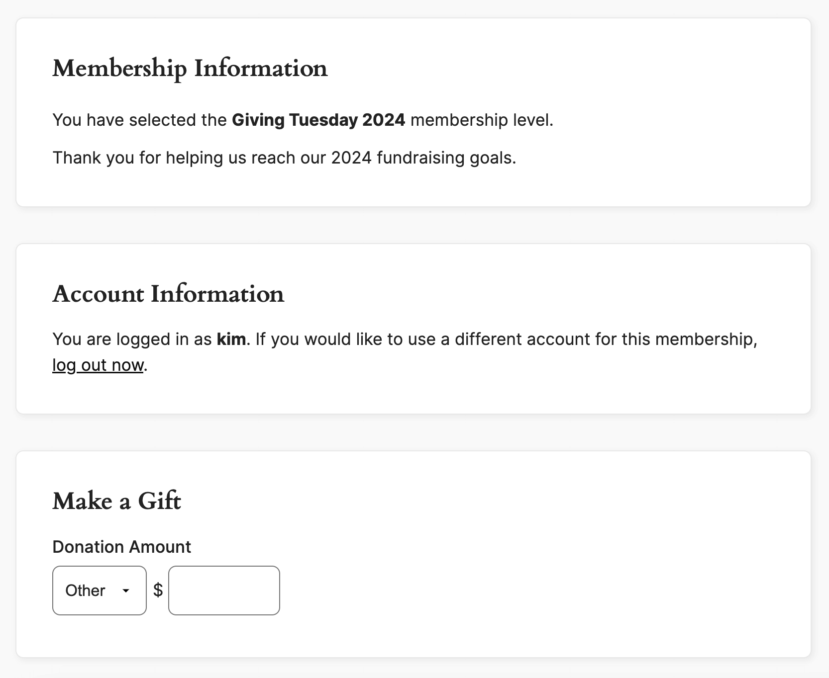 Example donation only level at membership checkout where the donor can manually enter a donation amount in the 'other' field