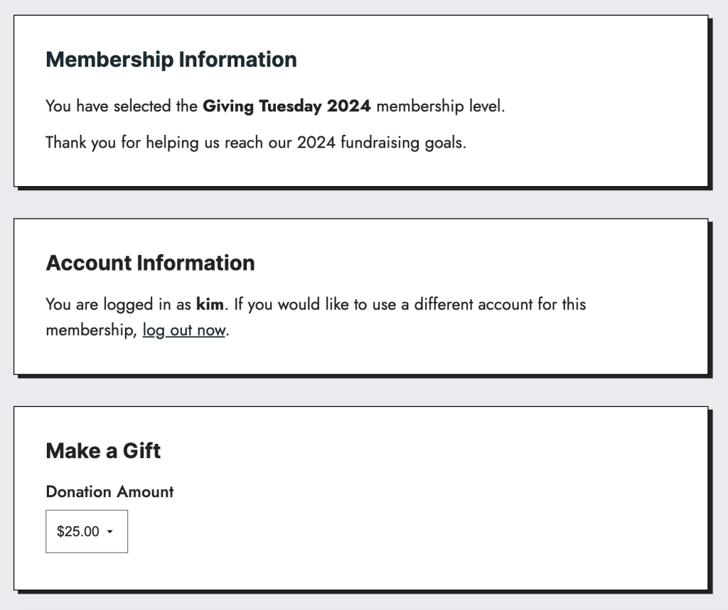 Example donation only level at membership checkout where the donor can choose from a preset donation amount via dropdown