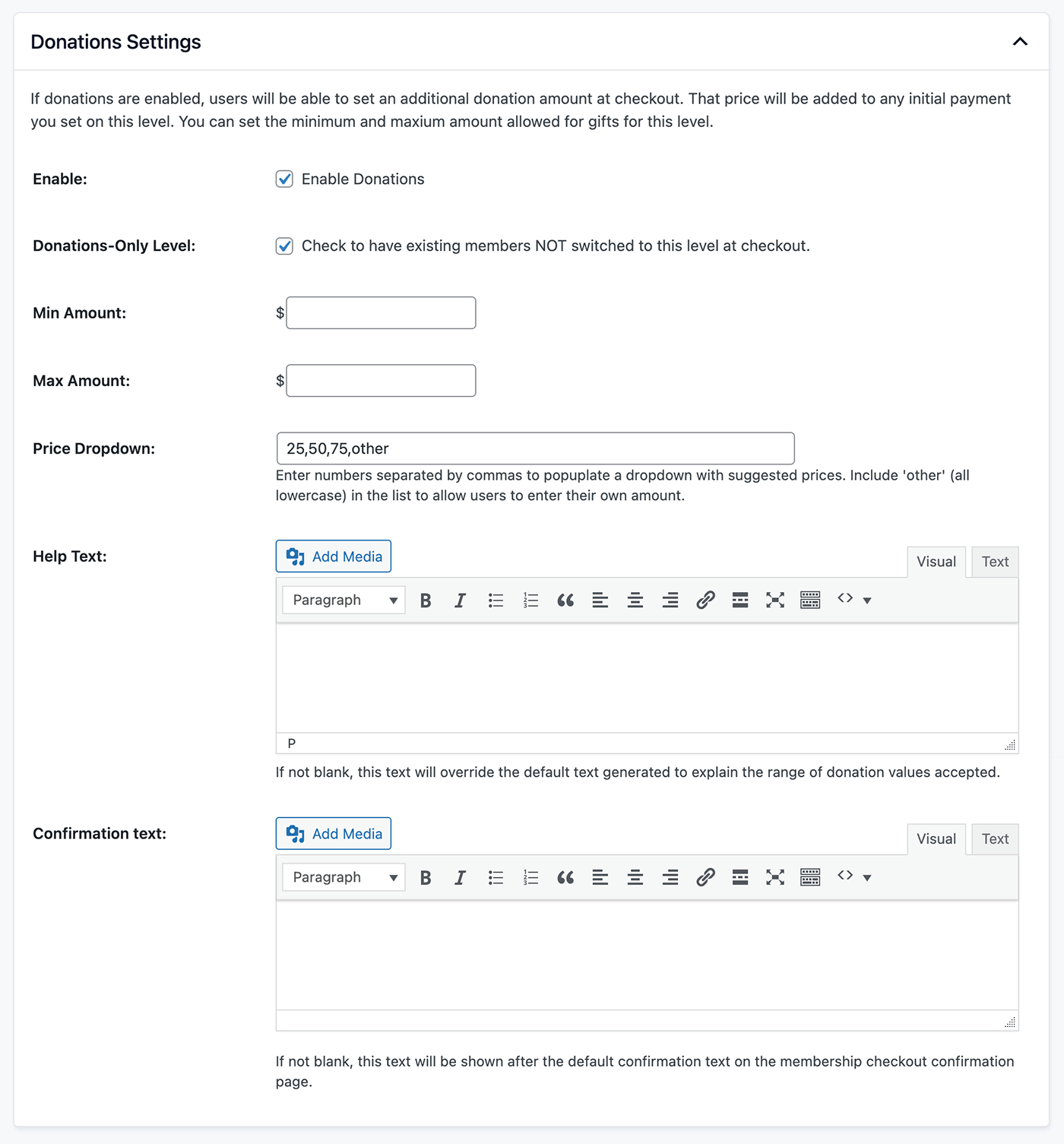 Adding Donation Settings to a level on the Edit Membership Level screen in the WordPress admin