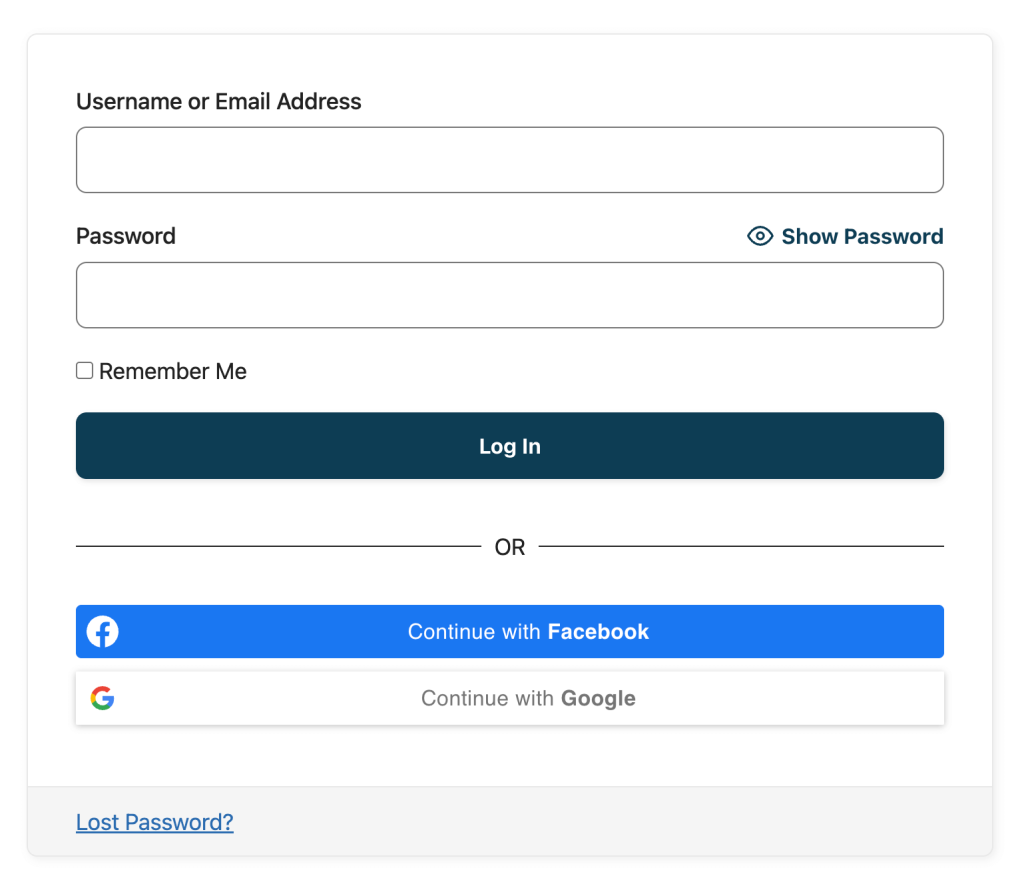 PMPro's Frontend Login form with the Facebook and Google social login buttons displayed