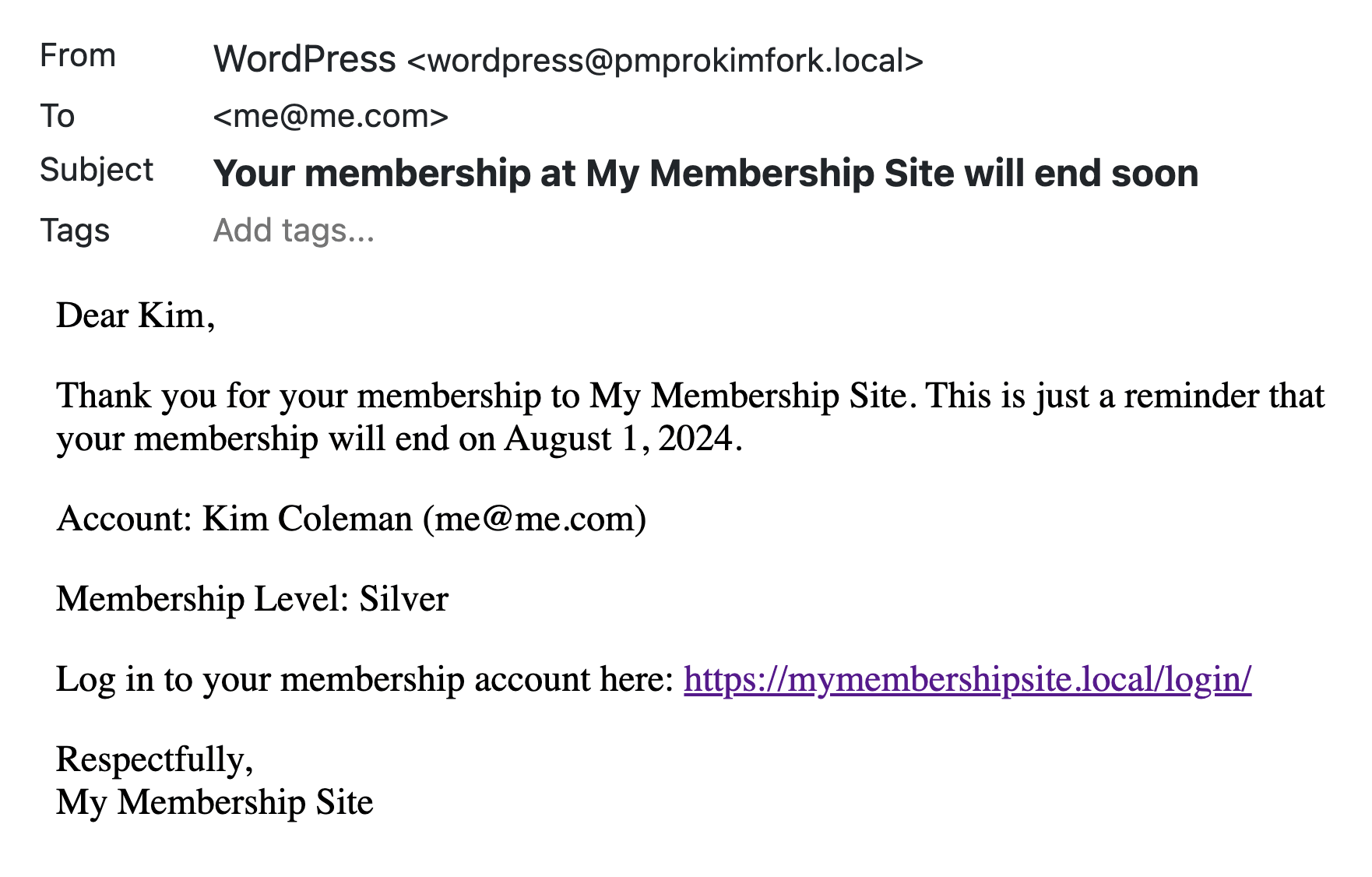 Screenshot of an example expiration warning email sent by Paid Memberships Pro