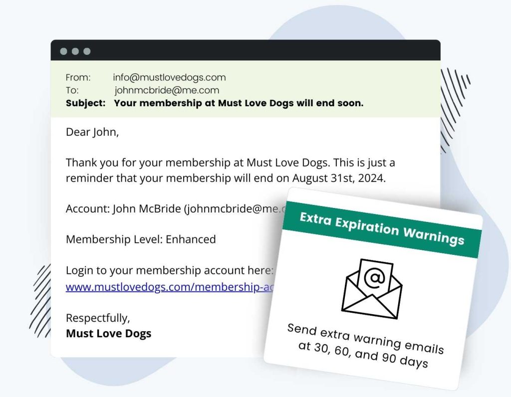 Screenshot example of an expiration warning email and overlay with email icon showing the Add On sends emails at 30, 60, 90, or your custom intervals