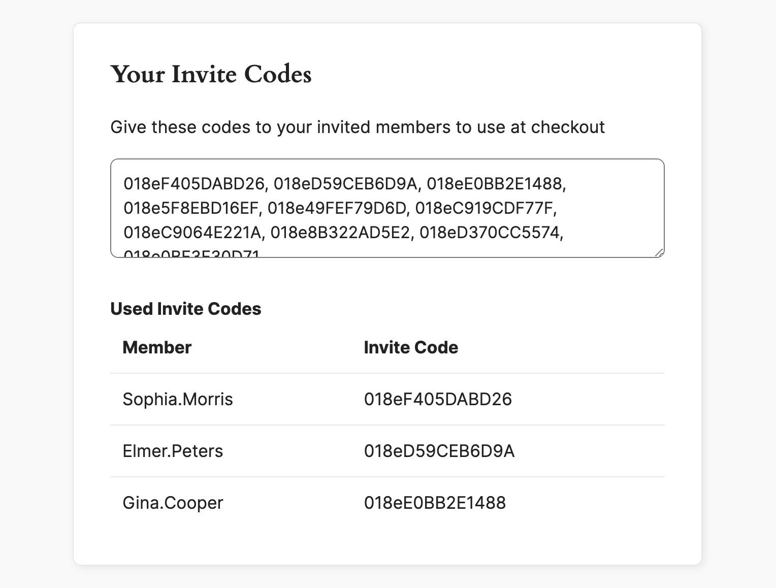 Membership Account Page with Invite Codes Management