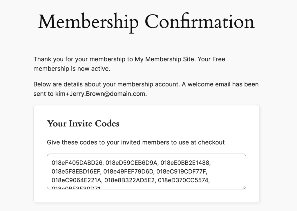 Membership Confirmation page with Invite Codes message for a new checkout that receives codes using the Invite-Only Membership Add On for Paid Memberships Pro