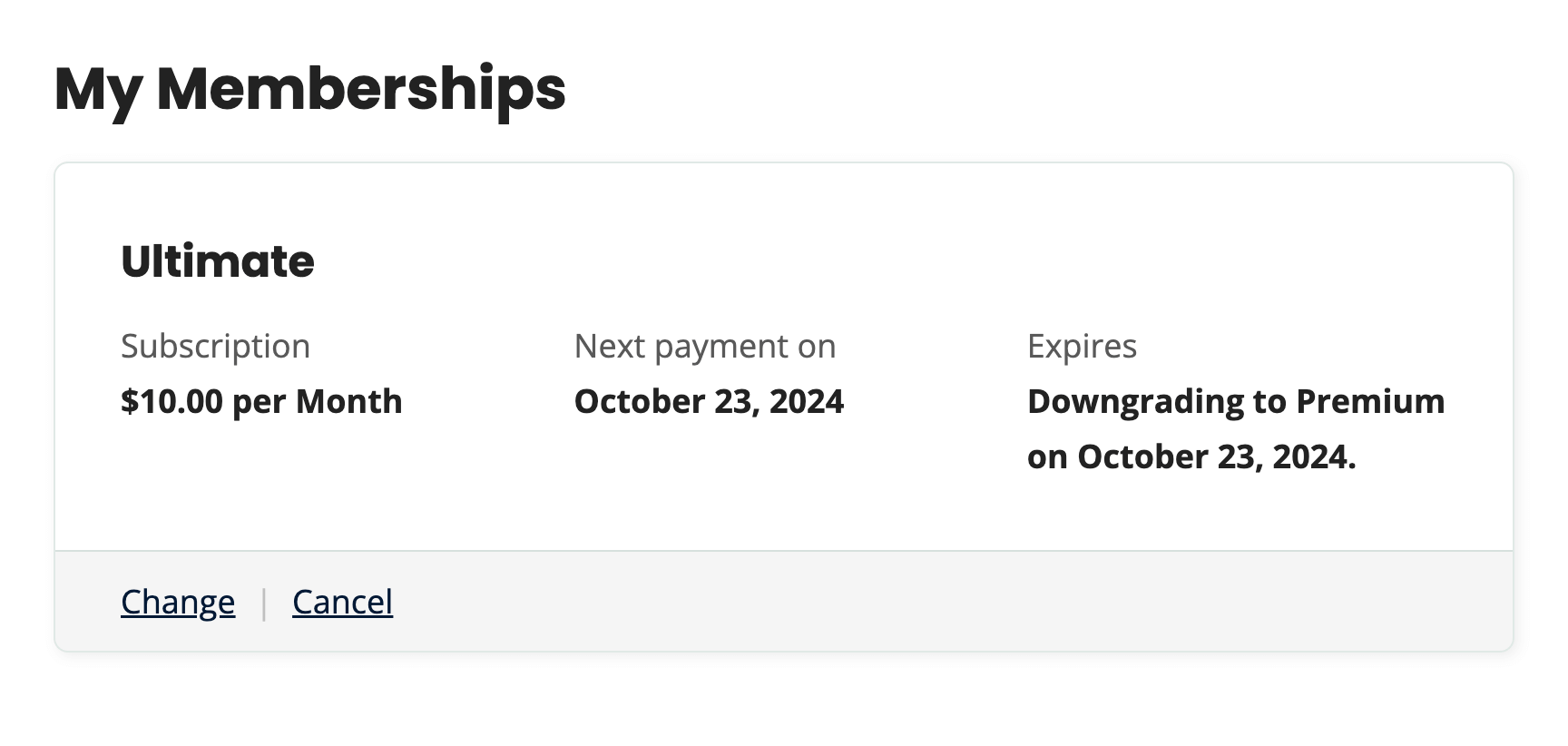 Membership Account page where the membership downgrade is delayed through current prepaid term