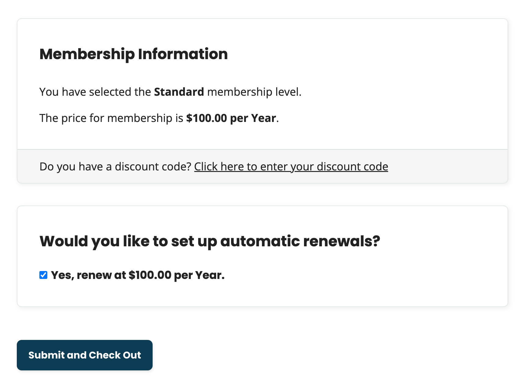 Screenshot of example membership checkout page with the Auto-Renewal option field available