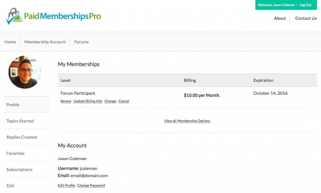 Screenshot of specified "Membership Account" page to the bbPress Profile for your member
