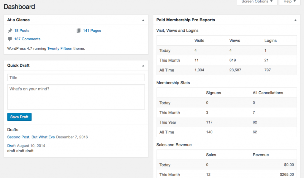 PMPro WordPress Dashboard with Membership Stats