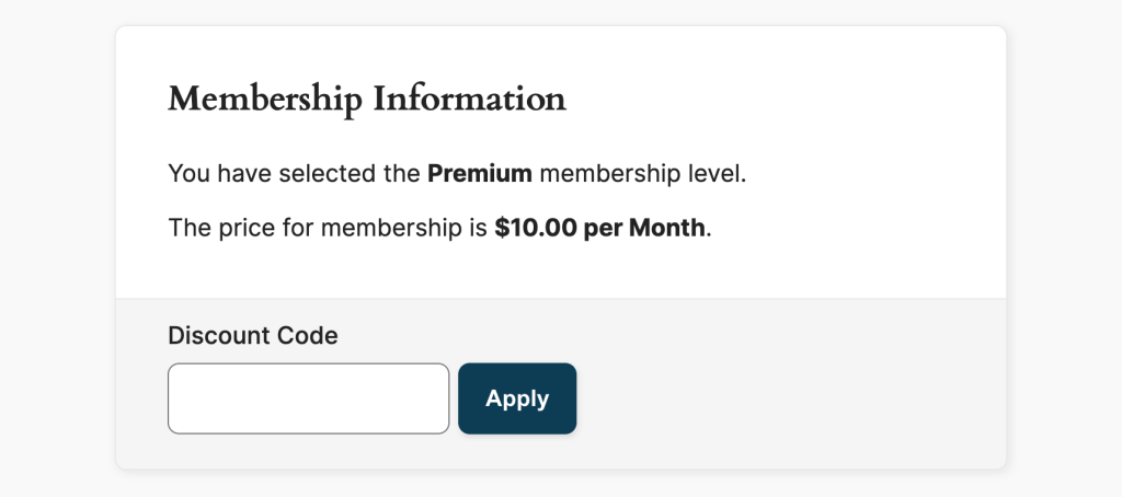 Screenshot of the result of coding to always show discount code field with Paid Membership Pro 