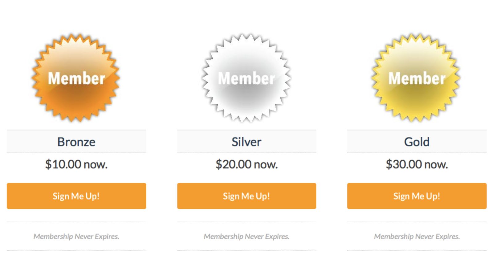 Example membership levels page with three columns showing the level badges