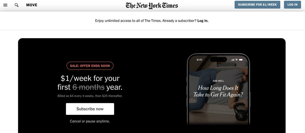 Example paywall banner from The New York Times