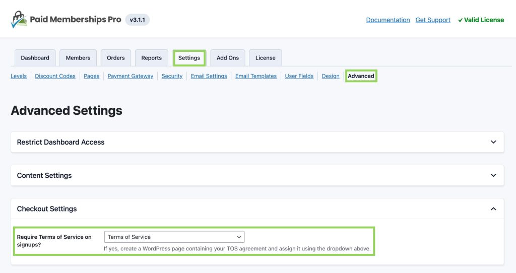 Screenshot of the Advanced Settings in Paid Memberships Pro with Terms Page selected to require at checkout