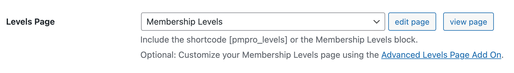 Setting for the Levels Page in the Memberships > Settings > Pages screen of the WordPress admin