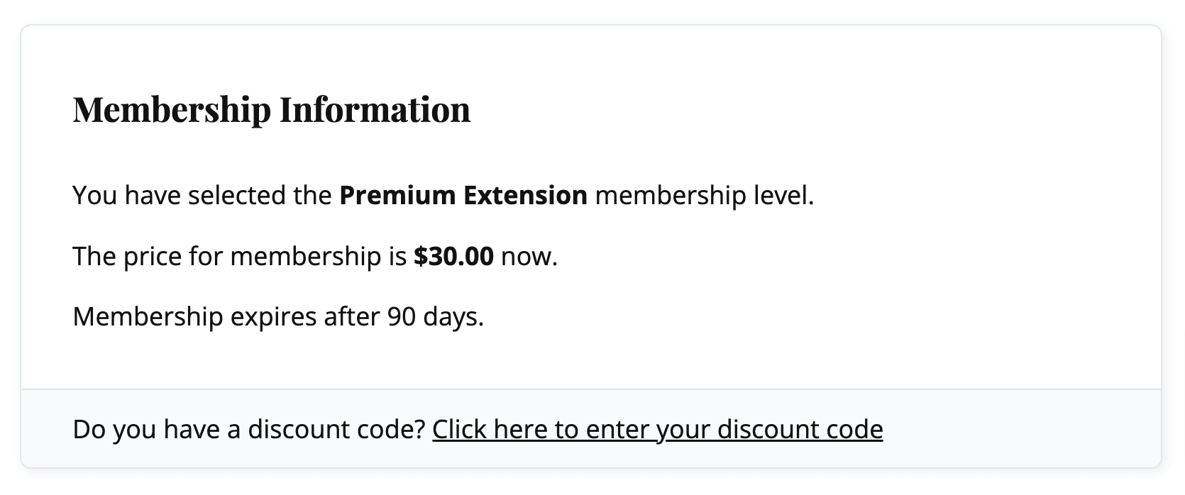 Screenshot of checkout for a shorter term membership extension level.