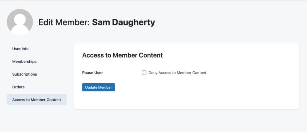 Screenshot of Edit Member screen with Access to Member Content User Field panel selected