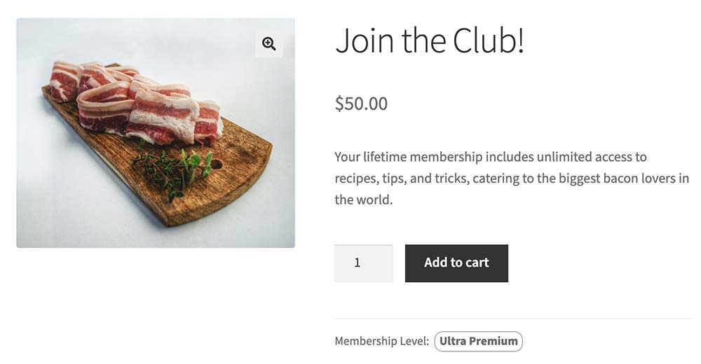 Screenshot showing the membership level name on the single product page in WooCommerce