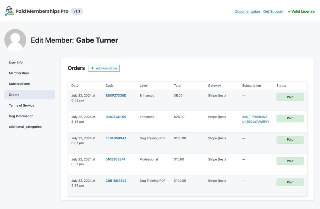 Screenshot of the Orders Panel in the Edit Member screen of Paid Memberships Pro