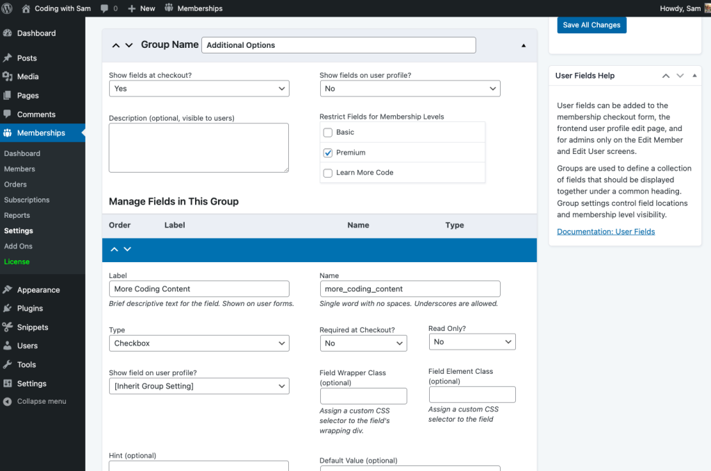 Screenshot of PMPro User Field settings showing how the fields should be set up for the code recipe